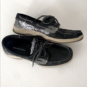 Highland Creek Black Silver Glitter Leather Boat Shoes Topsiders Like New